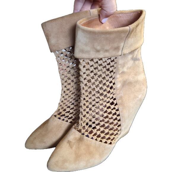 Jeffrey Campbell Handmade Ibiza Last Woven Braided Tan Suede Ankle Wedge Boots 7 - Picture 1 of 10